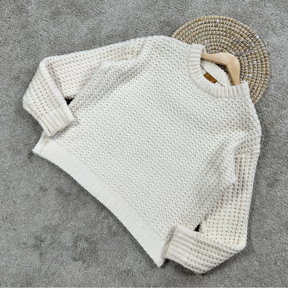 POL Women’s Cable Knit Chunky Crewneck Chenille Knit Sweater Oversized Ivory S